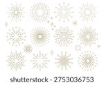Starburst line art icon. Vector logo spark sunburst. Outline sunburst and starburst. Set of fireworks bursting in various shapes. Firework explosion in night. Firecracker rockets bursting in big sparkling star balls. Fireworks. Set of gold firecracker icons for Anniversary, New year, Celebrate, Festival