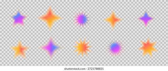 Starburst neon graphic featuring gradient spray effects. Dotted iridescent grainy noise twinkles. Stipple spark shimmering elements. Vector dotworks grit shapes illustration on transparent background.