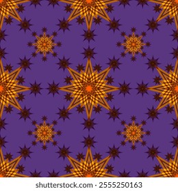 Starburst pattern featuring bold orange stars against a deep purple background. Christmas stars vector seamless pattern for wrapping paper.