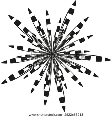 Starburst pattern illustration. Black white rays. Dynamic swirl lines. Vector radial shape.