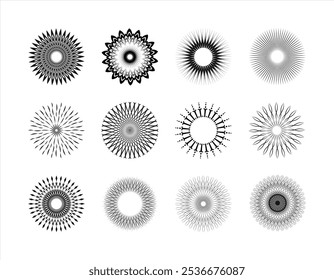 Un patrón de explosión estelar, líneas convergentes monocromáticas Ilustración vectorial abstracta con dinámica de rotación circular y patrón geométrico.