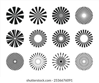 A starburst pattern, monochrome converging lines abstract vector illustration with circular rotating dynamics and geometric pattern.