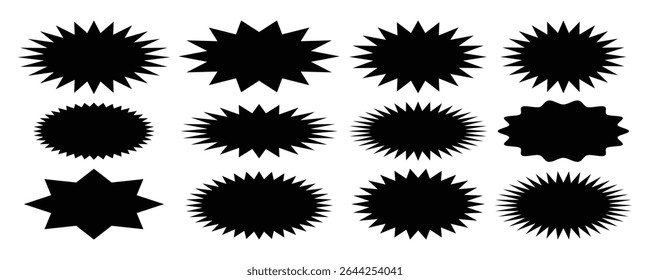 Starburst pop art edge promo black badges. Special offer price tag.  promotional badge set, shopping labels, black sticker set - collection of special offer sale round and oval sunburst labels. 
