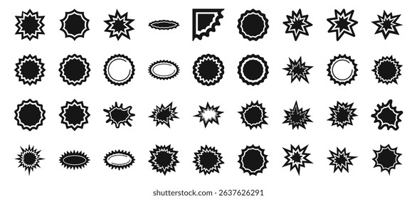  Starburst price icons set. Burst icons represent exploding and shattering objects, indicating sudden releases of energy or destruction