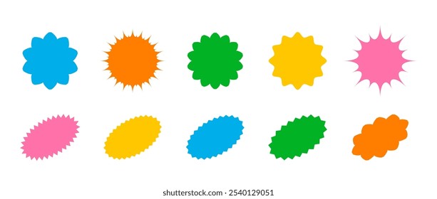 Starburst price. Round and oval sunburst labels and buttons. Simple icon for promotion design. Trendy Y2K style. Vector illustration. Colored icons on white background.