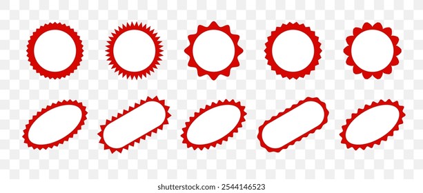 Starburst price. Round and oval sunburst labels and buttons. Simple icon for promotion design. Vector illustration. Red icons on white background.