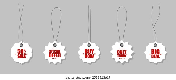 Starburst price. Set of circles with sharp and waves edge. Simple flat style Vector labels. Paper labels with cord.