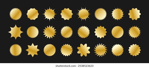 Starburst price. Set of circles with sharp and waves edge. Simple flat style Vector labels. Golden shopping icons. Metallic tags.