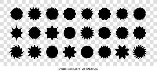Starburst price. Set of Discount icons. Promotion tags collection. Black Vector illustration on transparent background.