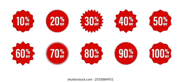 Starburst price. Set of Zigzag edge circle shapes. Flat Design elements. Red Colored stickers. Vector illustration.