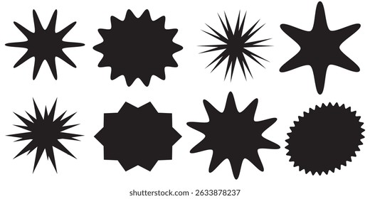 Starburst promo adesivo forma vetor venda splash set. Bolhas de fala em branco de explosão estelar com cor diferente isolada no plano de fundo branco. Ilustração vetorial.