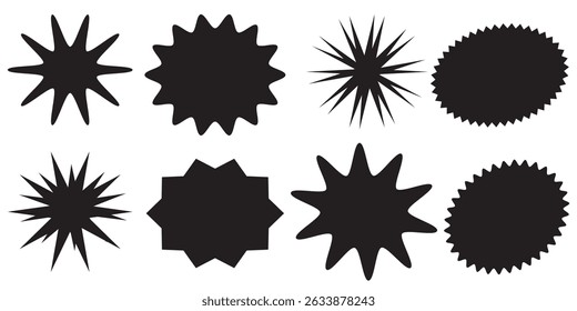 Starburst Promo Aufkleber Form Vektor Verkauf Splash-Set. Leere Sternzeichen-Sprechblasen mit unterschiedlicher Farbe, einzeln auf weißem Hintergrund. Vektorgrafik.