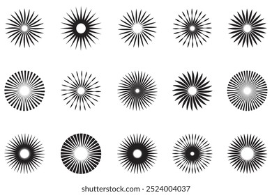 Starburst ray lines round set. Sun star rays, burst. Radial circle radiation lines. Sun star rays, burst. Circulars lines beams.  Editable stroke vector design pack . Vector illustration.