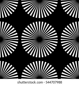 Starburst (rays, beams) seamless geometric pattern. Monochrome repeatable backdrop.