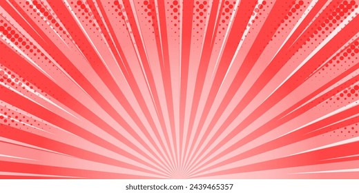 Starburst red comic background. Superhero pop art vector cartoon banner. Striped sun rays retro wallpaper with halftone effect. Radial pink poster