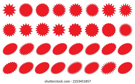 Starburst red sticker set - collection of special offer sale round and oval sunburst labels and buttons isolated on white background. Stickers and badges with star edges for promo advertising.
