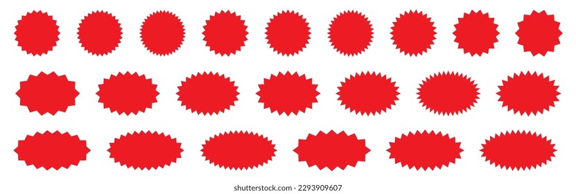 Starburst red sticker set - collection of special offer sale round and oval sunburst labels and buttons isolated on white background. Stickers and badges with star edges for promo advertising.