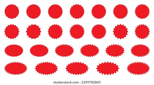 Starburst red sticker set - collection of special offer sale round and oval sunburst labels and buttons isolated on white background. Stickers and badges with star edges for promo advertising.