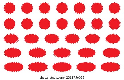 Starburst red sticker set - collection of special offer sale round and oval sunburst labels and buttons isolated on white background. Stickers and badges with star edges for promo advertising.