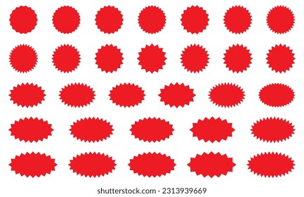 Starburst red sticker set - collection of special offer sale round and oval sunburst labels and buttons isolated on white background. Stickers and badges with star edges for promo advertising.