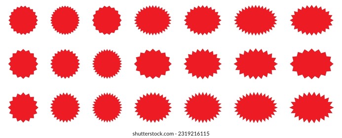 Juego de stickers rojo Starburst - colección de etiquetas y botones de la venta de ofertas especiales redondos y de la rotura solar ovalada aislados en fondo blanco. Etiquetas y distintivos con bordes estelares para publicidad promocional.