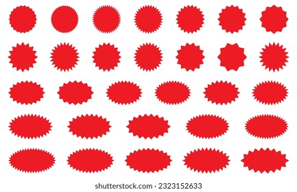 Starburst red sticker set - collection of special offer sale round and oval sunburst labels and buttons isolated on white background. Stickers and badges with star edges for promo advertising.