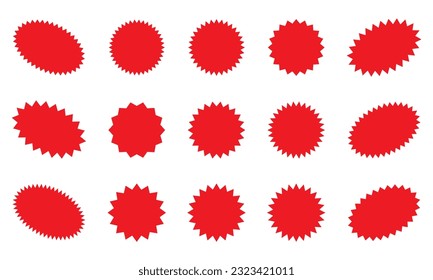 Starburst red sticker set - collection of special offer sale round and oval sunburst labels and buttons isolated on white background. Stickers and badges with star edges for promo advertising.