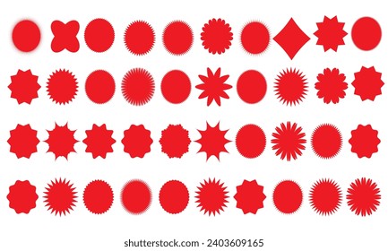 Starburst red sticker set - collection of special offer sale round and oval sunburst labels and buttons isolated on white background. Stickers and badges with star edges for promo advertising.