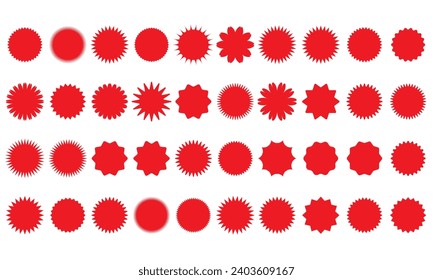 Starburst red sticker set - collection of special offer sale round and oval sunburst labels and buttons isolated on white background. Stickers and badges with star edges for promo advertising.