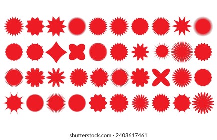 Starburst red sticker set - collection of special offer sale round and oval sunburst labels and buttons isolated on white background. Stickers and badges with star edges for promo advertising.