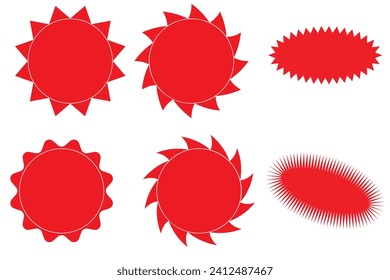 Starburst red sticker set - collection of special offer sale oval and round shaped sunburst labels and badges. Promo stickers with star edges. Vector.