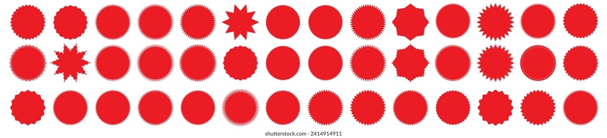 Starburst red sticker set - collection of special offer sale round and oval sunburst labels and buttons isolated on white background. Set of red star or sun shaped sale stickers. 
