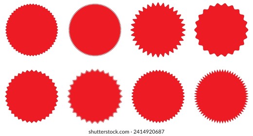 Juego de stickers rojo Starburst - colección de etiquetas y botones de la venta de ofertas especiales redondos y de la rotura solar ovalada aislados en fondo blanco. Notas y etiquetas adhesivas promocionales.