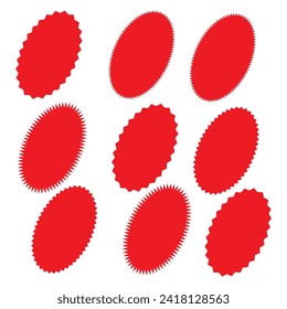 Starburst red sticker set - collection of special offer sale round and oval sunburst labels and buttons isolated on white background. Stickers and badges with star edges for promo advertising