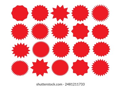 Starburst red sticker set, collection of special offer sale oval and round shaped sunburst labels and badges. Promo stickers and badges, seal, stamp, print with star edges. Vector.