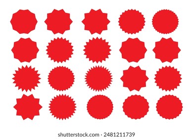 Starburst red sticker set, collection of special offer sale oval and round shaped sunburst labels and badges. Promo stickers and badges, seal, stamp, print with star edges. Vector.