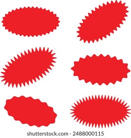 Starburst red sticker set - collection of special offer sale oval and round shaped sunburst labels and badges. Promo stickers with star edges. Vector illustration eps 10. 