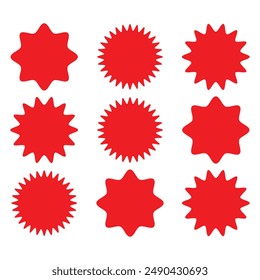 Starburst red sticker set - collection of special offer sale oval and round shaped sunburst labels and badges. Promo stickers with star edges. Vector. design eps 10