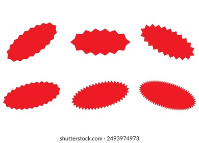 Starburst red sticker set - collection of special offer sale oval and round shaped sunburst labels and badges. Promo stickers with star edges. Vector.