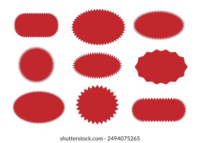 Starburst red sticker set, collection of special offer sale oval and round shaped sunburst labels and badges. Promo stickers and badges, seal, stamp, print with star edges. Vector.