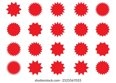 Starburst red sticker set - collection of special offer sale round and oval sunburst labels and buttons isolated on white background. Stickers and badges with star edges for promo advertising