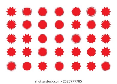 Starburst red sticker set - collection of special offer sale round and oval sunburst labels and buttons isolated on white background. Stickers and badges with star edges for promo advertising.