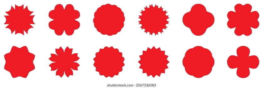Starburst red sticker set - a collection of special offer sale oval and round shaped sunburst labels and badges. Red starburst, sunburst, stamp, seal, label or burst, badge, sticker. Vector.