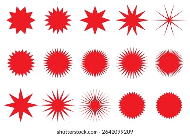 Starburst red sticker set - collection of special offer sale round and oval sunburst labels and buttons isolated on white background. Stickers and badges with star edges for promo advertising.