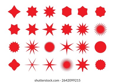 Starburst red sticker set - collection of special offer sale round and oval sunburst labels and buttons isolated on white background. Stickers and badges with star edges for promo advertising.