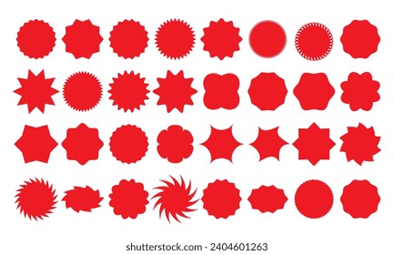 Juego de stickers rojos Starburst. Burbujas de habla estelar. Etiqueta de venta de oferta especial, etiqueta de precio de oferta de descuento. Conjunto de stickers de publicidad rojos. ilustración vectorial.