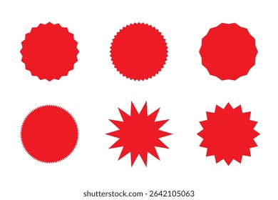 Starburst red sticker set. Star burst price icon. Promo stickers with star edges. Star burst price icon. Round sale tag badge. Circle sale buttons. Sunburst label isolated on white background eps 10.
