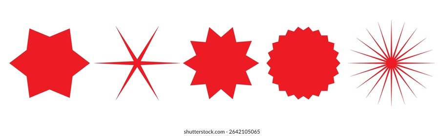 Starburst red sticker set. Star burst price icon. Promo stickers with star edges. Star burst price icon. Round sale tag badge. Circle sale buttons. Sunburst label isolated on white background eps 10.