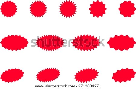 Starburst red and yellow sticker set - collection of special offer sale oval and round shaped sunburst labels and badges. Promo stickers with star edges. Vector.