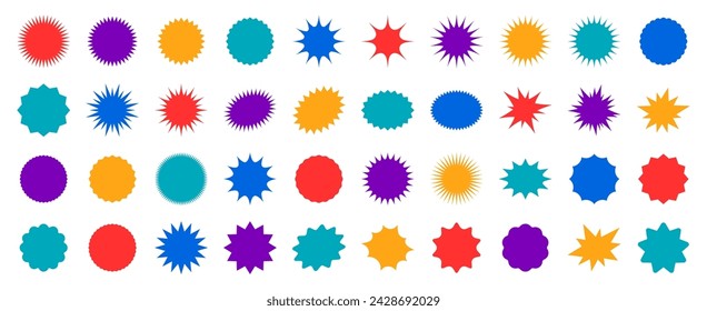 Starburst sale price labels or stickers and seals, oval and sunburst, colorful vector. Sale callout splash, star and rosette stamps or tag badges for price promotion labels or discount promo sticker